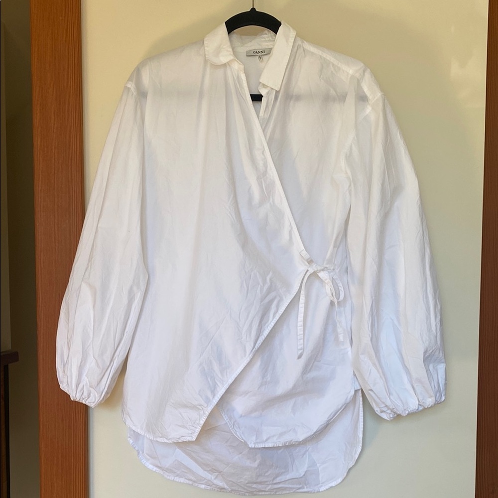 Ganni Crisp White Poplin Wrap Blouse